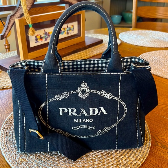 Prada Handbags - 🌸 PRADA Black Canapa Bag w Checked Lining & Extra Strap Beauty